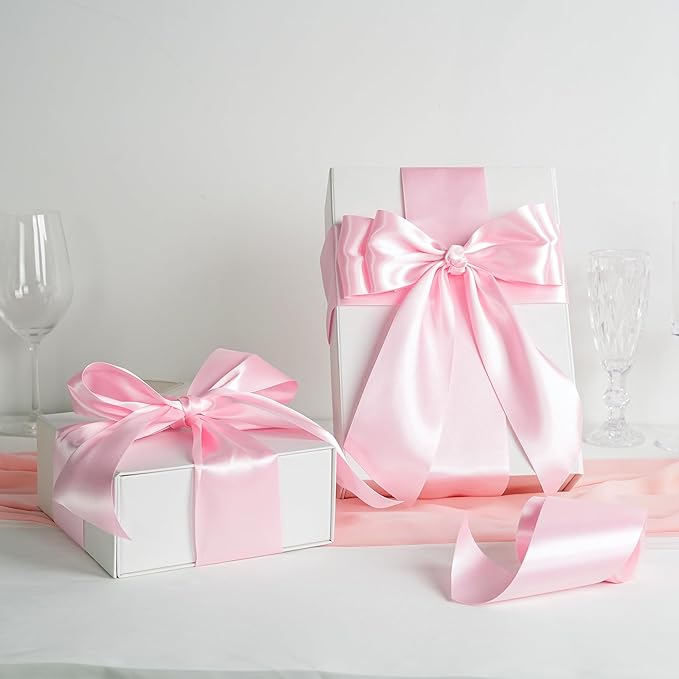 MEEDEE Pink Satin 3 Inch Ribbon Lux Double Faced Satin Ribbon by 10 Yards Pink Silk Ribbons Light Pink Wide Ribbons for Baby Shower, Christmas Tree Decoration, Flower Bouquet