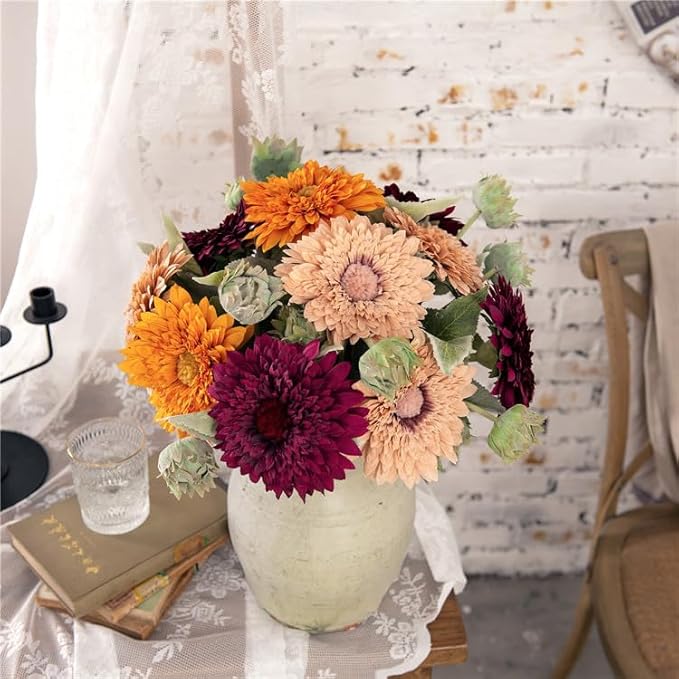 Kimura's Cabin 5Pcs Fake Sunflowers Artificial Silk Flowers Bouquet Long Stems Faux Sunflower Real Touch Chrysanthemum for Wedding Home Garden Birthday Party Indoor Decor(Orange)