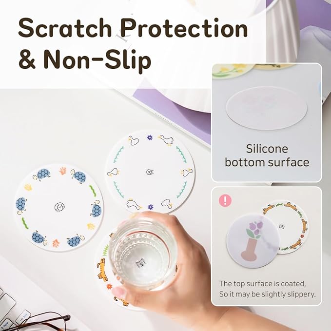 FLT Silicone Colorful Coaster Set of 3, Non-Slip Drink Mat, Cute and Unique Printed Design (Made in Korea) (Pastel - Flower)