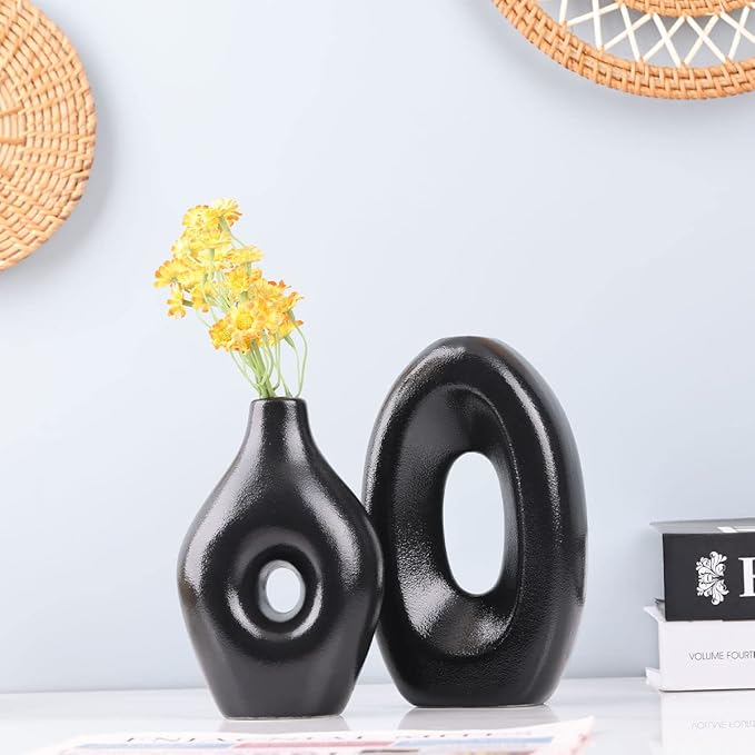 Black Ceramic Vase Set of 4 - Round Hollow Boho Vases for Pampas Grass and Flowers Decor, Modern Minimalist Small Vases for Living Room, Bedroom, Fireplace, Coffee Table Decor, and Centerpieces