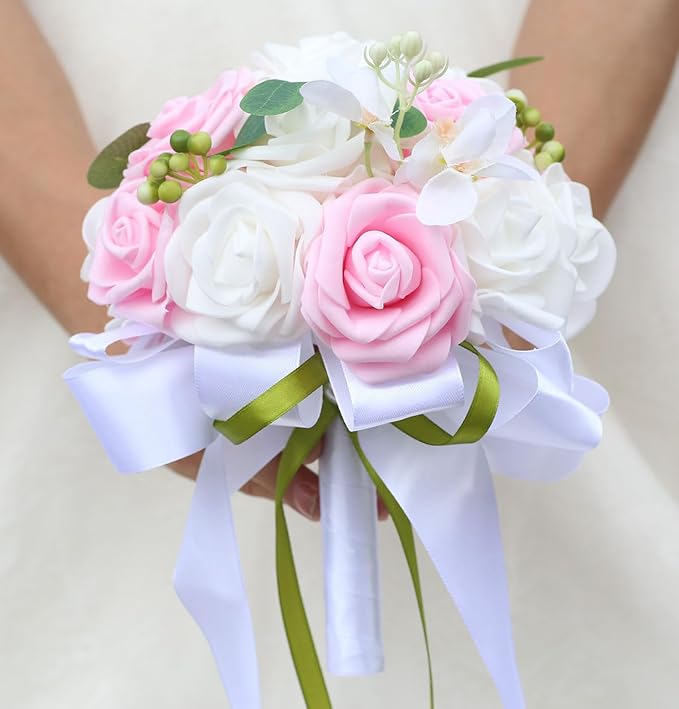 Lightweight Bridal Wedding Bouquet Round Holding Bouquet Throw Toss Artificial Rose Flower Bunch for Bride Bridesmaid Wedding Quinceanera (White & Pink, 6.7")