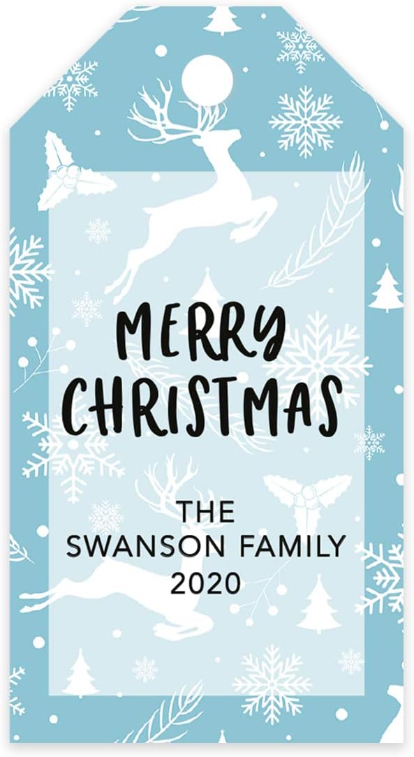 Andaz Press Personalized Christmas Holiday Season Classic Gift Tags, Merry Christmas Custom Family Name and Year, Reindeers and Snowflakes Design, for Holiday Events, Parties, and Favors, 60-Pack