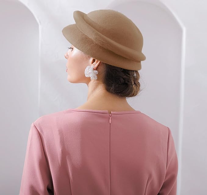 ORIDOOR Women Vintage 100% Wool Felt Flowers Bucket Cloche Bowler Hat Church Wedding Beret Hat
