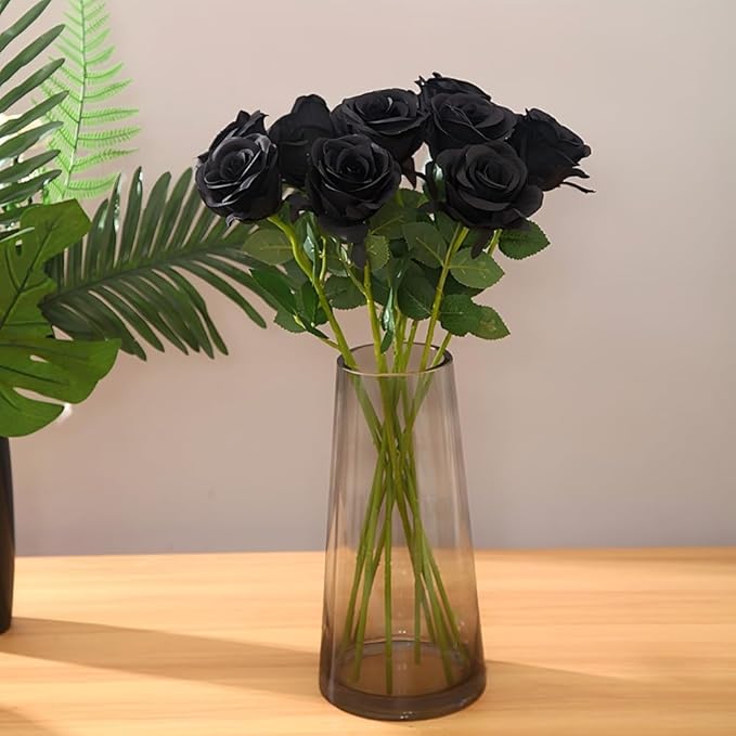 Artificial Roses 12PCS Velvet Rose Real Touch Long Stem Fake Flowers for Floral Arrangement Bridal Wedding Home Party Decor (Black)