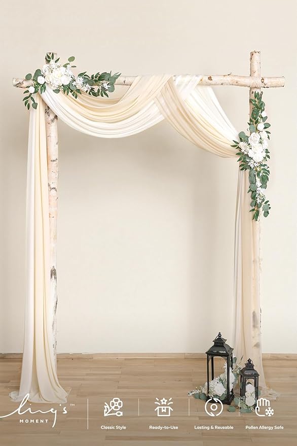 Ling's Moment Wedding Arch Draping Fabric 3 Panels 20Ft Beige Chiffon Fabric,Sheer Hanging Drapes Arrangement for Wedding Ceremony Backdrop Outdoors Party Swag Home Decor (Cream & Nude & Ivory)