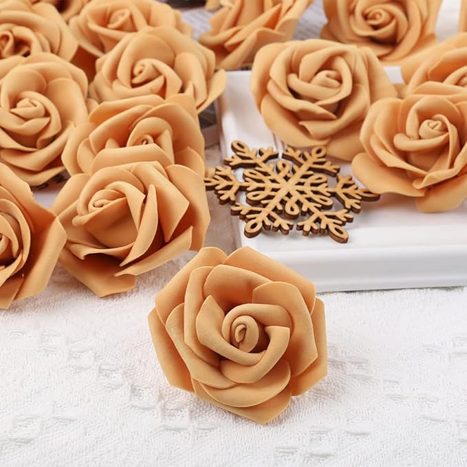 Artificial Rose Flower Heads, 100pcs Gold Yellow Roses Artificial Flower Foam Rose for DIY Wedding Bouquets Centerpieces Arrangements Party Baby Shower Home Decor (Stemless,Gold Yellow)