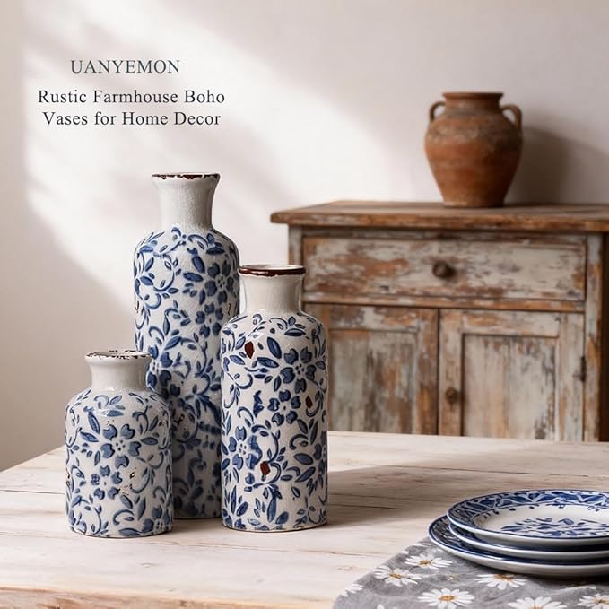 Ceramic Vase Set of 3 - Modern Chinoiserie Blue Floral Decorative Vases for Home Decor, Rustic Farmhouse Boho Vases for Living Room, Mantel, Dining Table, Bookshelf, Kitchen or Entryway Decoration