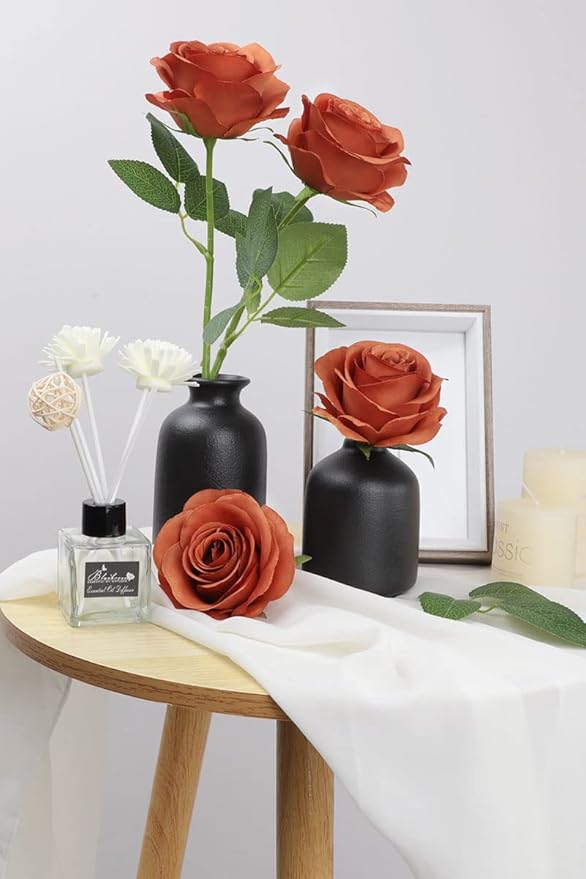 12pcs Roses Artificial Flowers Burnt Orange Fake Roses Flowers with Long Stems Silk Flowers for Wedding Bouquet Centerpices Decorations Party Bridal Baby Shower Home Decor