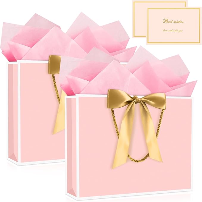 JMANNI Gift Bag, Medium Gift Bags with Tissue Paper, 2Pcs Gift Bags Medium Size with Handle and Bow Ribbon for Any Birthday,Weddings, Mothers Day & Special Occasion 11''x7.87''x4''(Pink-White)