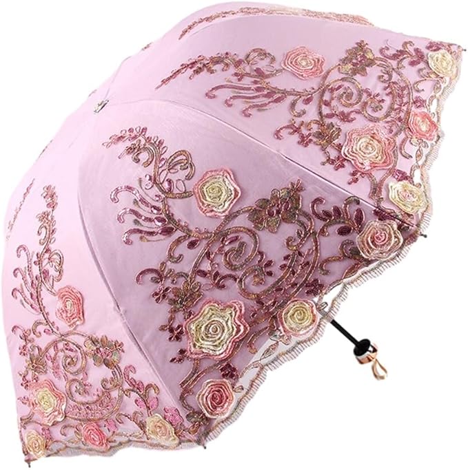 Katutude Vintage Lace Umbrella Floral Lace Parasol Wedding Bridal Umbrella Compact Lightweight Windproof Folding Umbrella UV Protection Sun Umbrella Portable Umbrella with Storage Bag