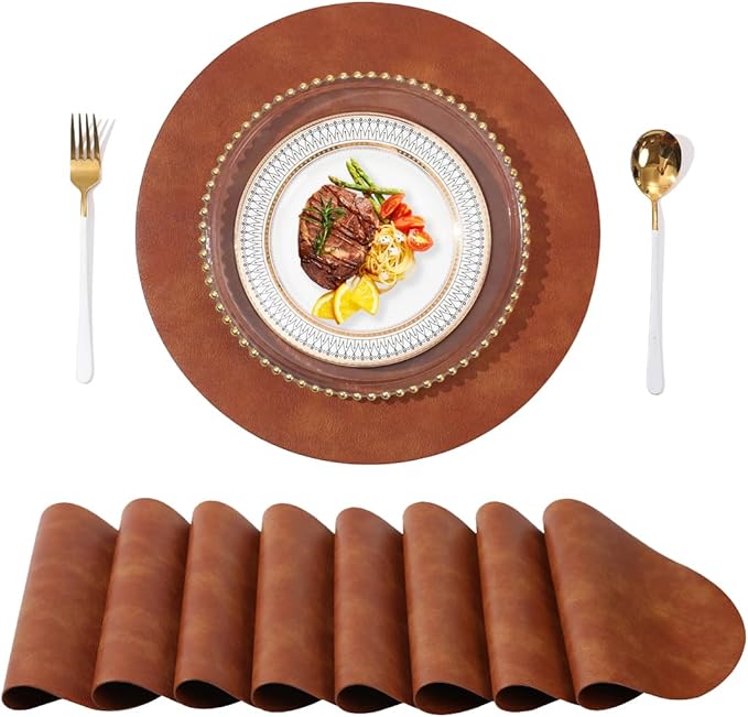 UnivoColors PU Leather Placemats Set of 8,15 Inches Round Washed Cowhide Pattern Table Mats for Dining Table, Kitchen, Party Decoration(Retro Reddish Brown)