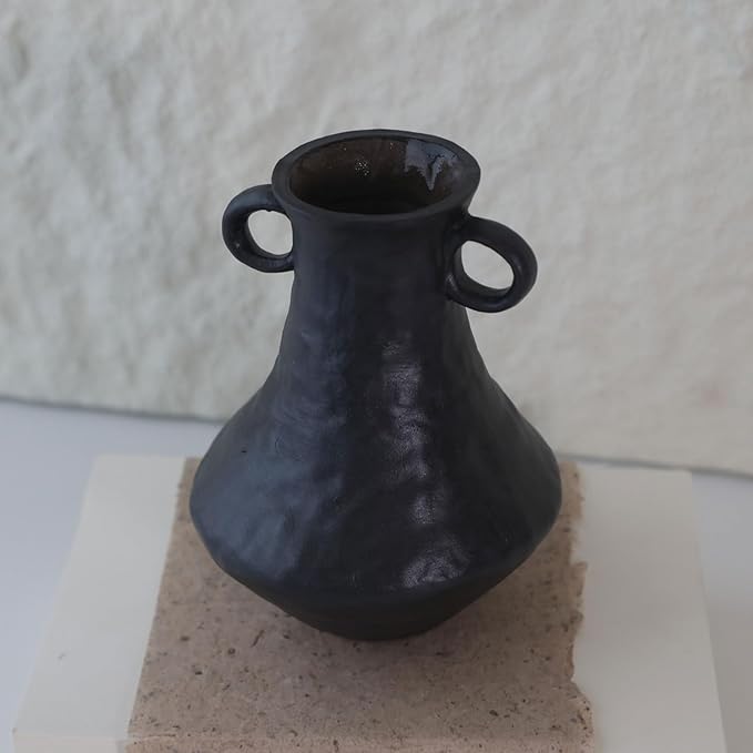 Rustic Small Ceramic Vase, Handcrafted Black Farmhouse Vase, Wabi Sabi Pottery Decor for Kitchen, Bedroom, Office, Living Room, Bathroom, Shelf Centerpiece Table