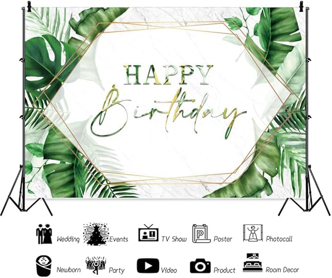 ChloropLastid 7x5ft Tropical Happy Birthday Backdrop Summer Green Palm Leaf Photography Background Hawaiian Birthday Party Banner Decorations for Men Women Portrait Photoshoot Props Supplies