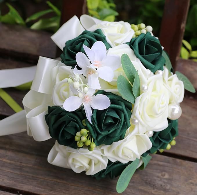 Lightweight Bridal Wedding Bouquet Round Holding Bouquet Throw Toss Artificial Rose Flower Bunch for Bride Bridesmaid Wedding Quinceanera (Cream & Dark Green, 9.1")