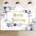 MEHOFOND 8x6ft Happy Birthday Backdrop Purple and White Flowers Bday Photography Background Girls Geometric Gold Glitter Dots Birthday Floral Party Decorations Cake Smash Decor Studio Photo Props