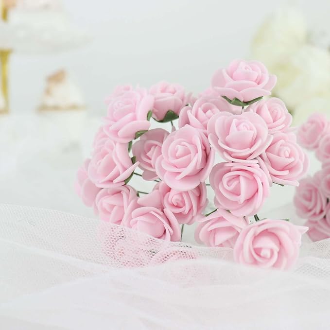 Efavormart 48 Roses | 4" Tall Pink Real Touch Artificial DIY Foam Rose Flowers with Stem, Craft Rose Buds