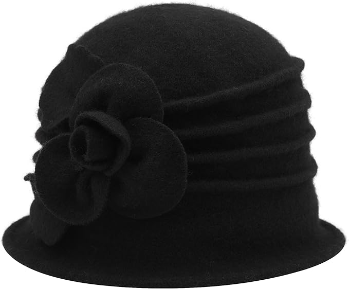 ZLYC Women Wool Cloche Bucket Hat 1920s Vintage Dress Winter Hats with Flower Accent