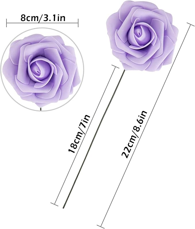 Artificial Flower Foam Rose 25pcs Real Looking Fake Rose with Stems Leaves for Home Decoration Party Garden Centerpieces DIY Wedding Bouquets（Violet）
