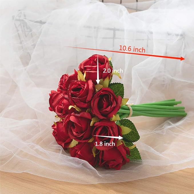 12pcs Artificial Roses Single Stem Fake Silk Flower Arrangement Bridal Bouquet Real Touch for Home Party Wedding Decoration Without Vase (Red)