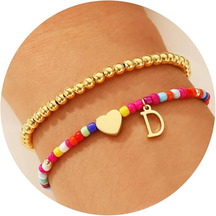 Ritach Christmas Gifts for Teens Girls Kids - 2PCS Colorful Heart Initial Bracelet Stackable Real Gold Plated Stretchable Beaded Bracelets for Teen Girls Kids Birthday Gifts Stocking Stuffers