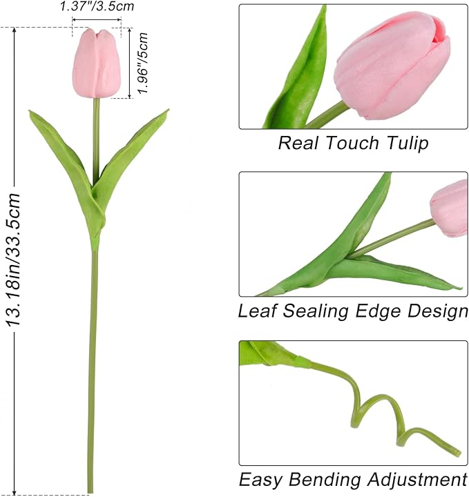 DEEMEI Tulips Artificial Flowers 20 Pcs Pink Fake Tulip Stems Real Touch PU Tulips for Easter Spring Wedding Bouquet Home Centerpiece Floral Arrangement Table Décor