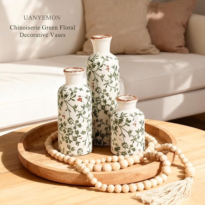 Ceramic Vase Set of 3 - Modern Chinoiserie Green Floral Decorative Vases for Home Decor, Rustic Farmhouse Boho Vases for Living Room, Mantel, Dining Table, Bookshelf, Kitchen or Entryway Decoration