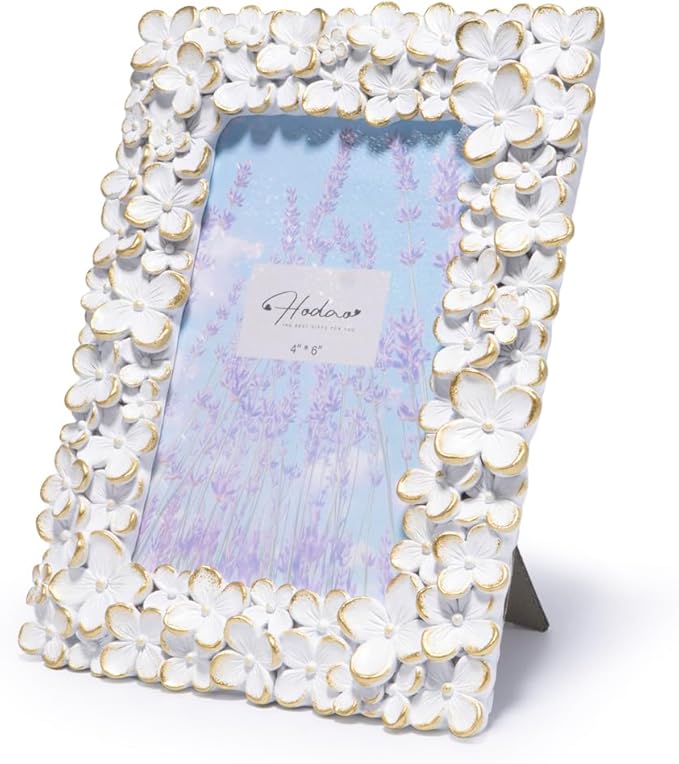 Hodao 4×6 White Floral Picture Frame — Handcrafted Textured Flower Picture Frame with Plastic Photo Cover & Built-In Easel for Tabletop Display, Decorative Home Décor, Nursery & Photo Keepsake