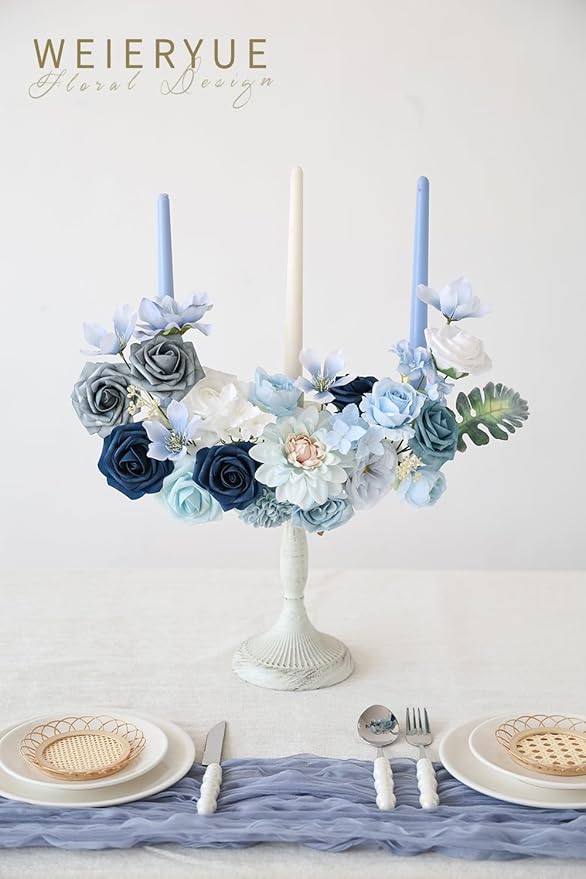 Artificial Flower Box Set Silk Fake Flowers DIY Center Cake Decoration Wedding Bouquet Corsage Home Decor Outdoor Decor Gift (Blue)