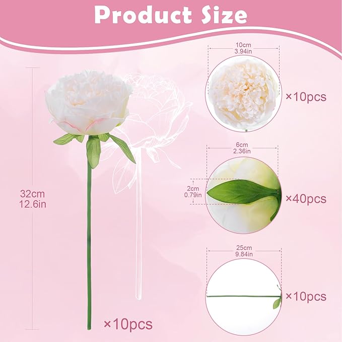 10PCS Off White Realistic Artificial Flowers Peony Fake Silk for Home Office Wedding Table Centerpieces Party Festival Bar Decoration Indoor
