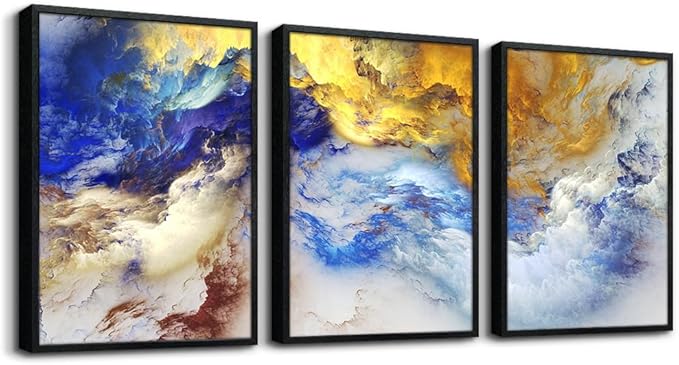 Black Framed Abstract Wall Art for Living Room and Bedroom - Set of 3 Watercolor Painting Prints - Contemporary Home Decor - Office Decorations - 12"X16"