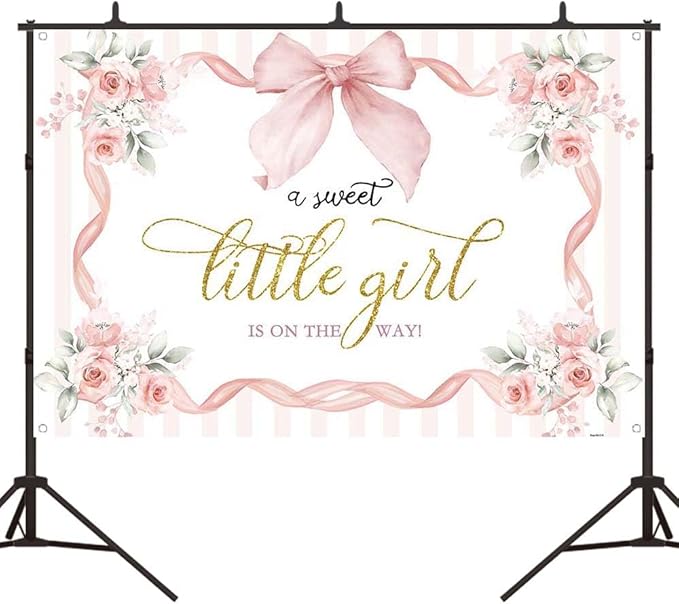 Pink Floral Baby Shower Backdrop Bow Flowers A Sweet Little Girl is on The Way Photography Background Princess Bowknot Girl Gender Reveal Party It’s a Banner with Copper Grommets