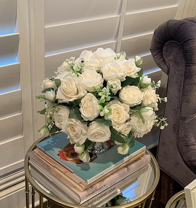 4 Bundles Artificial Peonies Silk Flowers, White Faux Peony Bouquet Florals Arrangements Decor for Farmhouse Home Boho Wedding Table Centerpiece, Fake Plastic Flowers Bulk Vase Decoration (White)