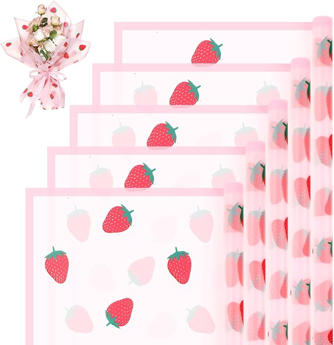 Liobelon 20 Sheets Flower Wrapping Paper Waterproof Bouquet Paper with Strawberry Pattern Pink Gift Wrapping Paper for Flower Shop, Wedding, Birthday Party, Handmade DIY, Anniversary 22.8 x 22.8Inch