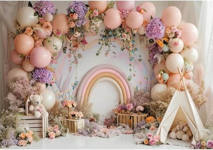 Newborn Baby 1st Birthday Photography Backdrop - Boho Balloons Tent Flower Decor Background for Kids Birthday, Baby Shower Party Portrait Cake Smash Props (7x5ft)