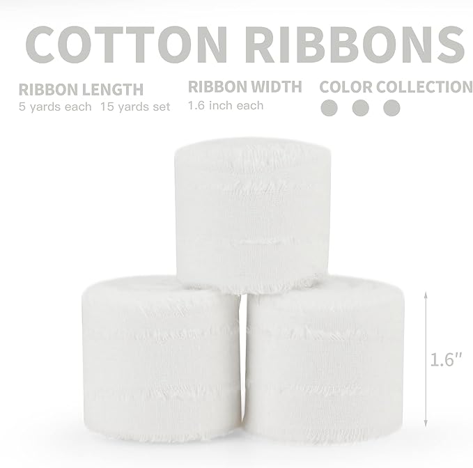 Keypan White Ribbon 1-1/2 x 15 Yards Handmade Cotton Frayed Fringe Fabric Ribbons for Crafts Flower Bouquets Wedding Baby Shower Home DIY Decor
