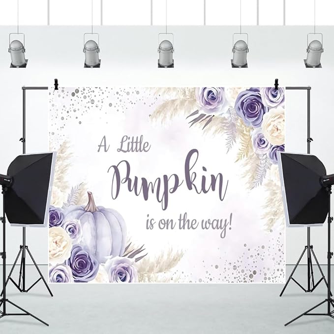 Little Pumpkin Baby Shower Backdrops 10x8ft, A Sweet Little Pumpkin is On The Way Purple Floral Photography Background, Baby Shower Baby Birthday Backdrop Decoration Banner