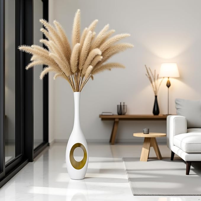23.6 Inch White Vases – Modern Oval Floor Vase with Gold Cutouts & Slim Neck, Luxury Decorative Tall Vases for Living Room, Wedding, Office Decor – Resin Tall Floor Vase