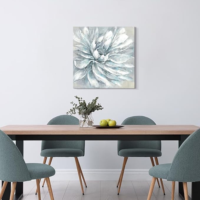Large Floral Canvas Wall Art: Abstract Living Room Gallery Artwork Modern Elegant White Flower Painting Contemporary Silver Blue Peony Prints Gray Nature Botanical Picture
