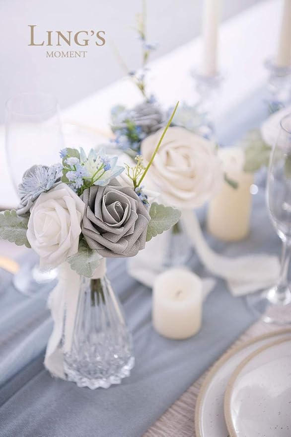 Ling’s Moment Artificial Flowers 25Pcs Silver & Grey Roses Decor w/Stems,3" Real Touch DIY Foam Floral for Wedding Bouquet/Centerpieces, Outdoors Party Backdrop, Room/Table, and Garden/Pot Decorations