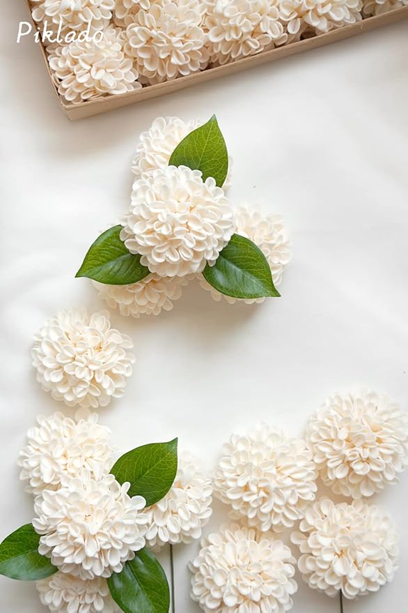 Artificial Wedding Dahlia Flowers 25 pcs Ivory Fake Roses w/Stem for DIY Wedding Decor Centerpieces Arrangements Bouquets(Champagne)