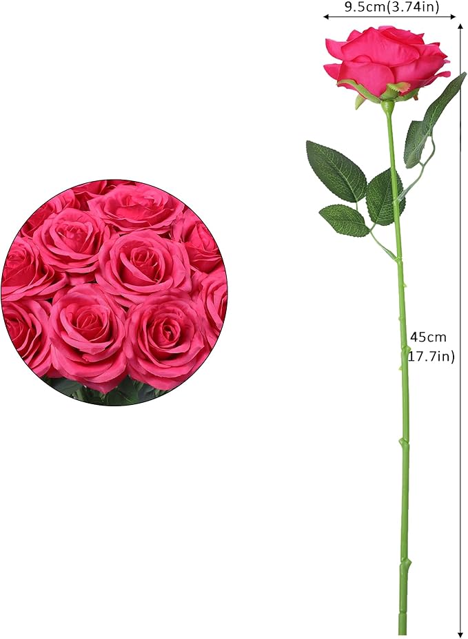 50pcs Artificial Rose Flower Hot Pink Rose Flower with Long Stem Silk Roses Bouquet for Wedding Bridal Shower Party Home Decoration