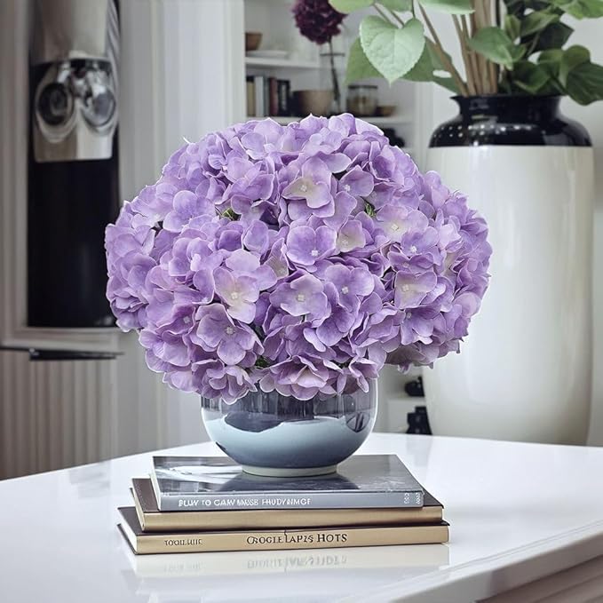 2Bouquets Artificial Fake Flowers Plants Silk Hydrangea Arrangements Wedding Bouquets Decorations Plastic Floral Home Kitchen Garden Party Festival Bar DIY (Lavender,5 Flower Heads)