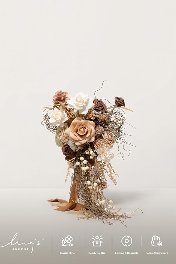 Ling's moment Beige Bridal Bouquet Cascading, Brown Wedding Bouquets for Bride, 13 Inch Bride Bouquets for Wedding Artificial Flowers Bouquets