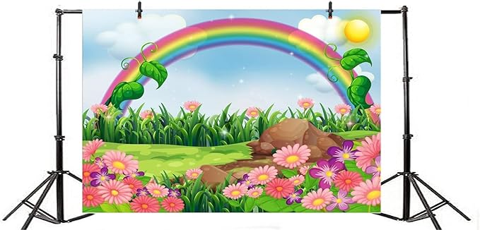 AOFOTO 5x4ft Cartoon Spring Flowers Rainbow Backdrop Meadow Sweet Floral Blossom Sky Sun Enchanting Garden Scenery Background for Kids Baby Shower Birthday Party Decor Wallpaper Photoshoot Props