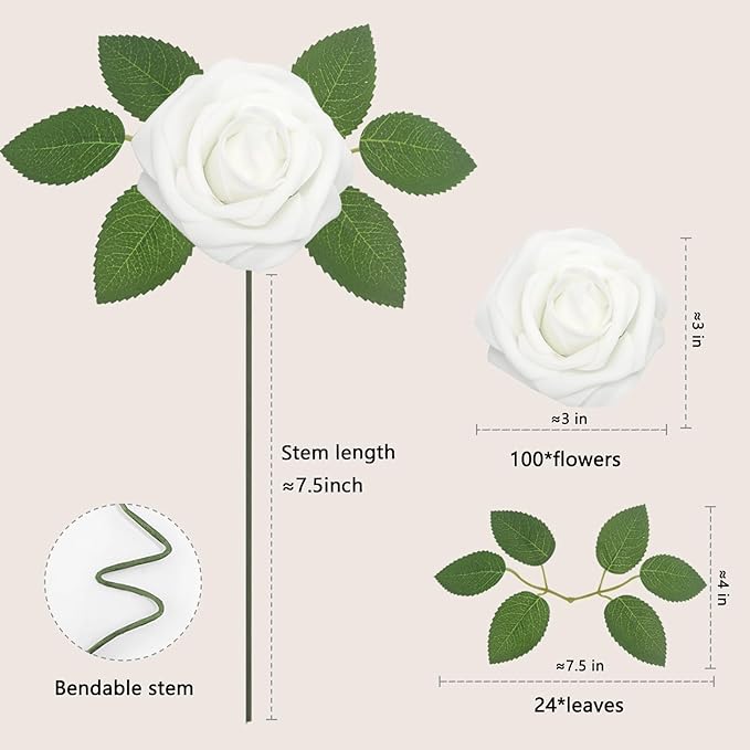 Artificial Flowers White Roses 100PCS Real Looking Foam Fake Roses with Leaves and for DIY Wedding Bouquets Bridal Shower Centerpieces Party Decorations (White, 100)