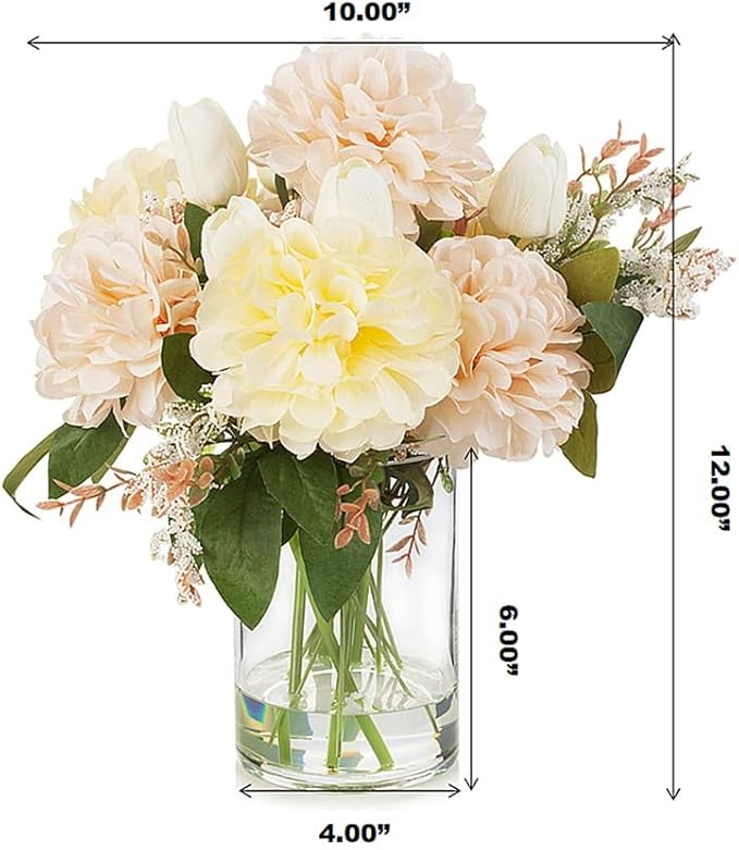 ENOVA FLORAL Artificial Tulips Flowers in Vase, Artificial Flowers Tulips Real Touch and Dahlia Silk Flower in Vase for Dining Table Decoration Wedding, Home Decor Indoor (Cream Pink)