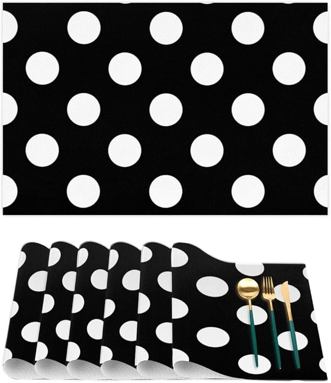 Black White Polka Dot Placemats Set of 4 PVC Vinyl Non Slip Table Mats Waterproof Heat Resistant Place Mats Washable Wipeable Dining Table Mat for Kitchen Party Farmhouse Indoor Outdoor Decorative