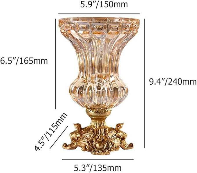 Artificial Flowers in Vase Set – Retro European Style Golden Crystal Glass Vase with Orange Faux Flowers, Carved Decorative Centerpiece for Table, Entryway, or Living Room