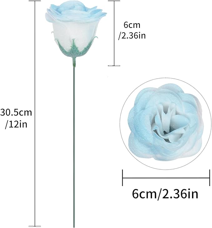 30PCS Light Blue Artificial Roses Fake Glitter Flowers Silk Roses with Stems for Wedding Bouquet Party Christmas Home Decor(Gradient Sky Blue)