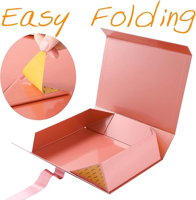 GREEN BEAN Large Gift Box with Lid for Presents 13x9.7x3.4 Inches, Gift Box Rose Gold Magnetic with Ribbon, Bridesmaid Proposal Box Luxury (Glossy Rose Gold)